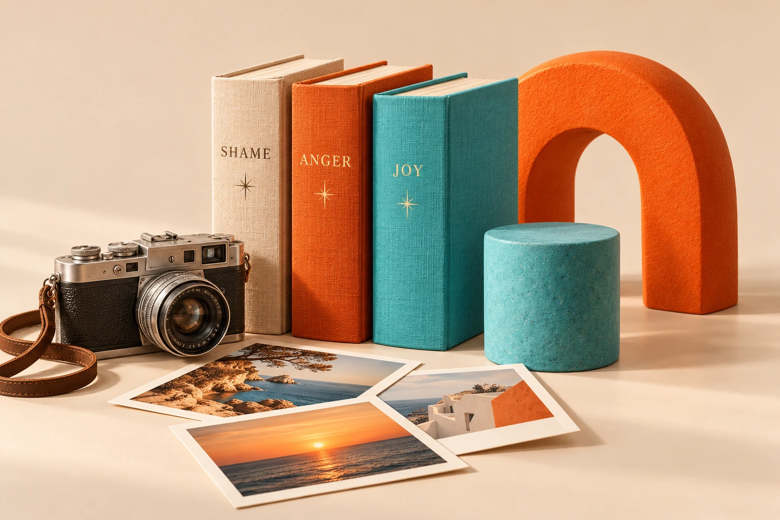 Creative studio still life: linen-covered Shame, Anger and Joy books, an analog camera and photographs with soft orange and turquoise geometric sculptures.